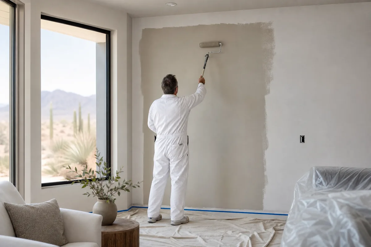 Painter rolling greige interior paint in a bright Scottsdale living room with desert views