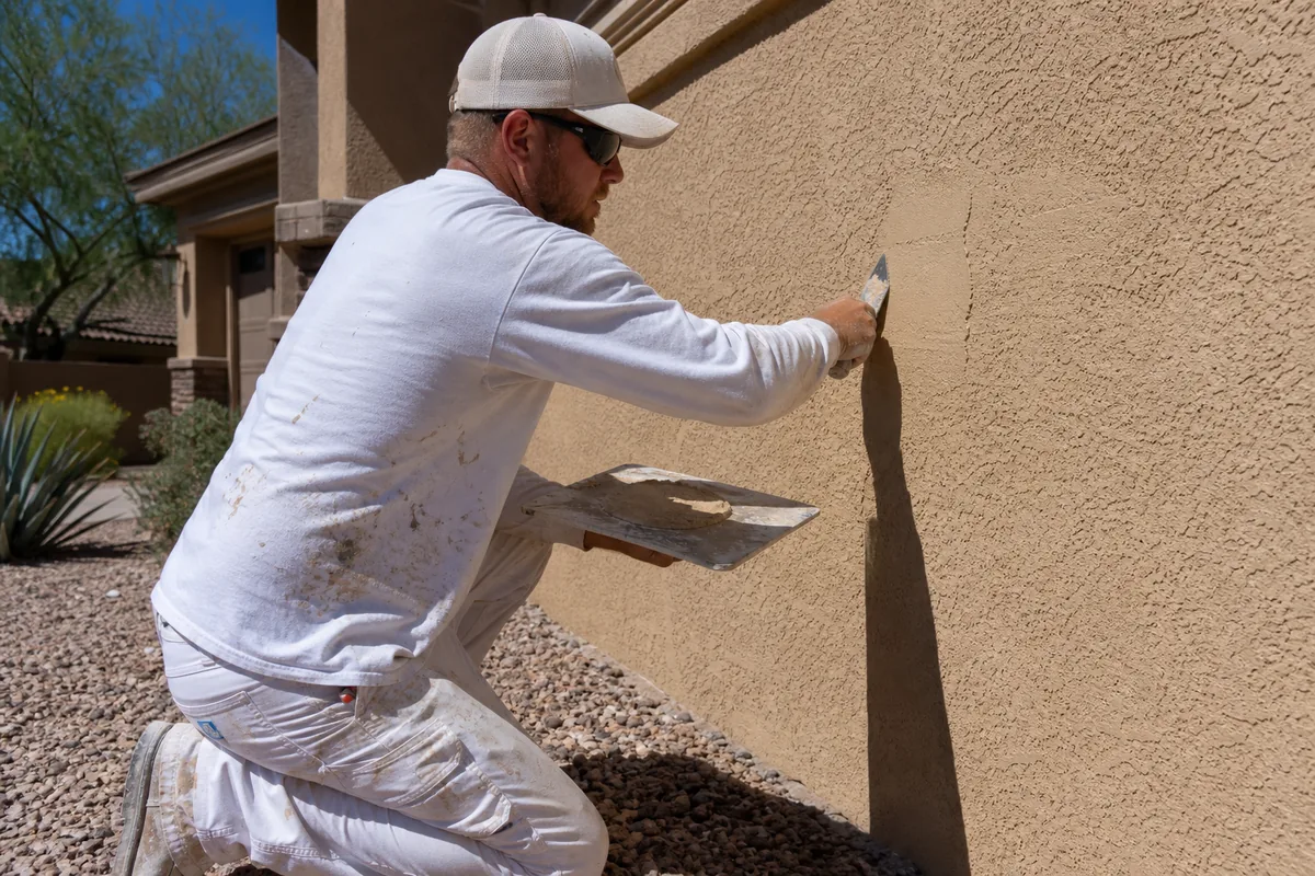 Contractor troweling stucco patch over a crack on a Scottsdale home exterior